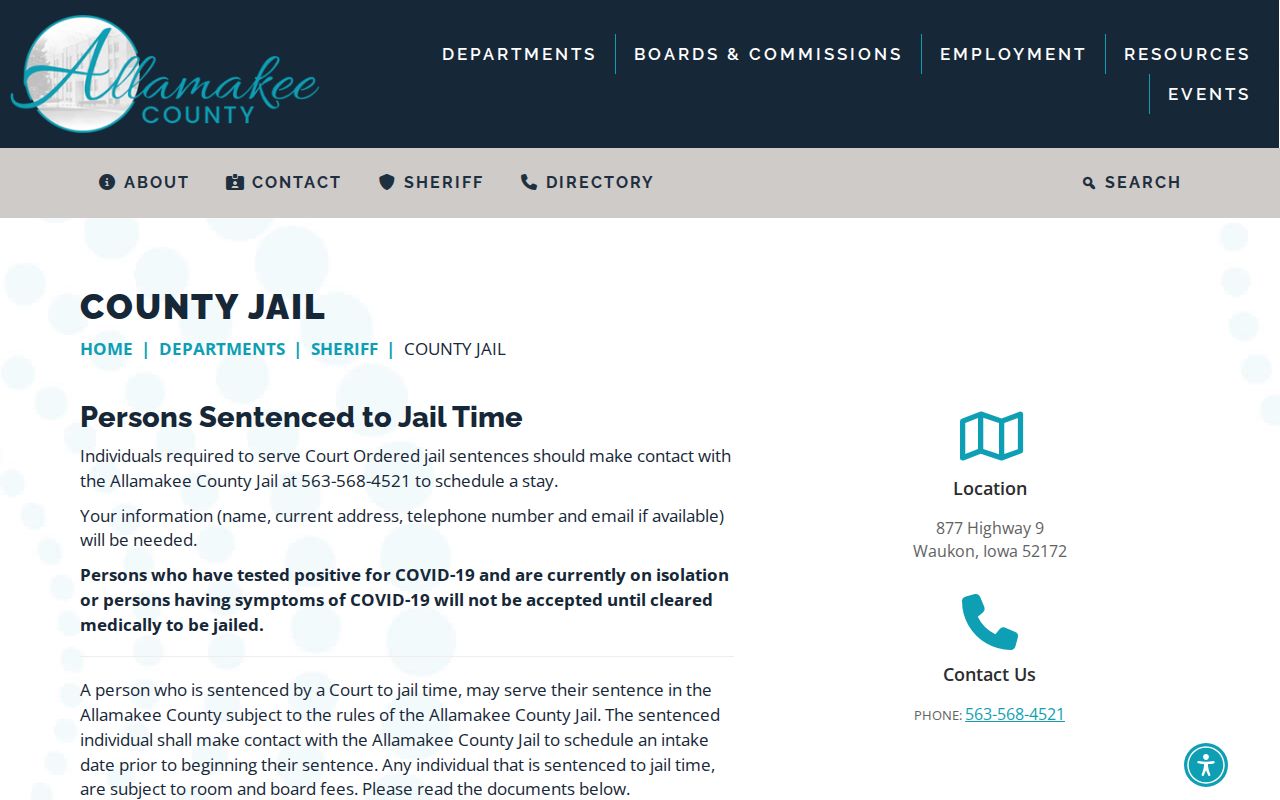 Allamakee County Jail page without an online busted mugshot roster