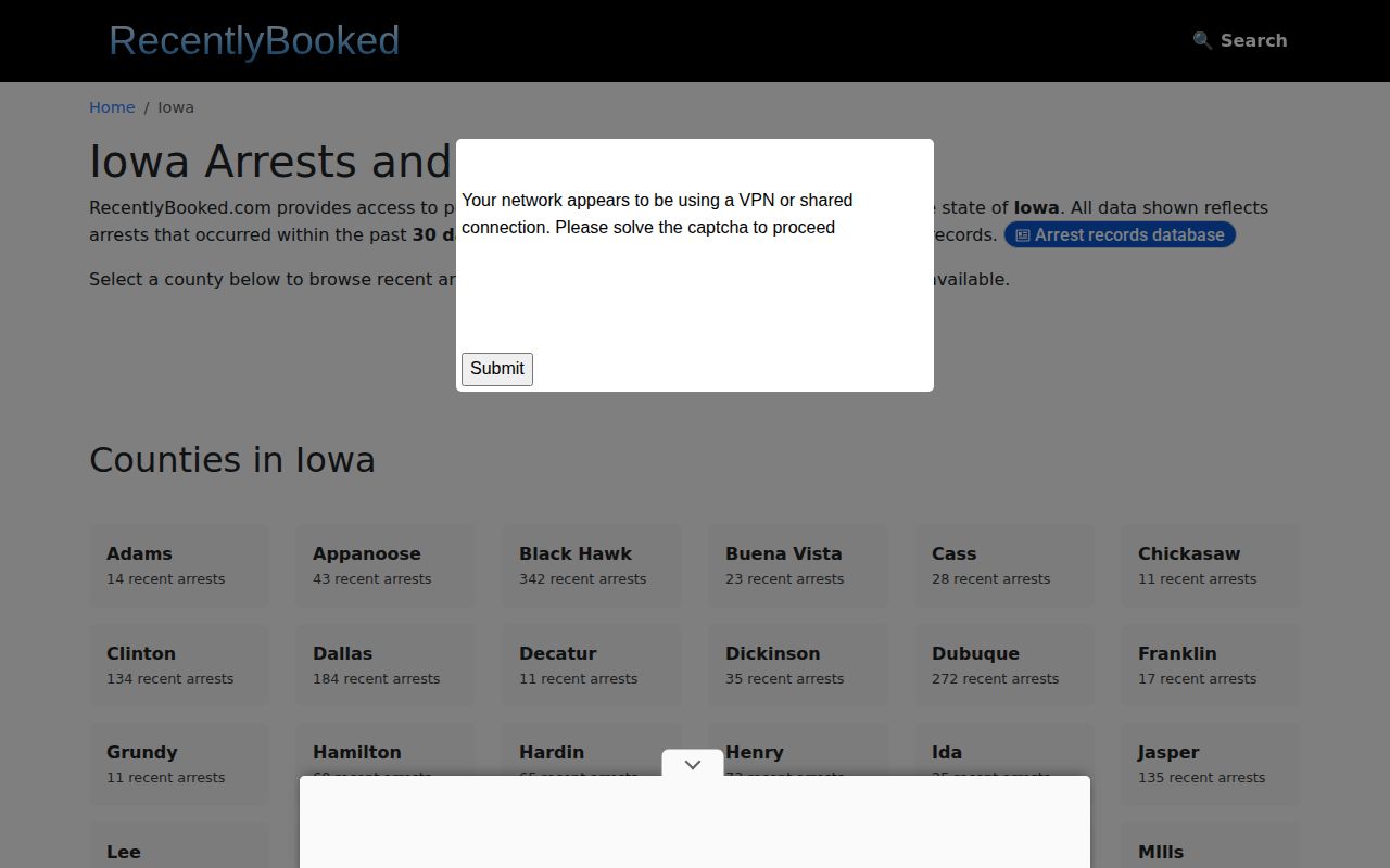 Unofficial RecentlyBooked Iowa page without Allamakee County mugshot coverage