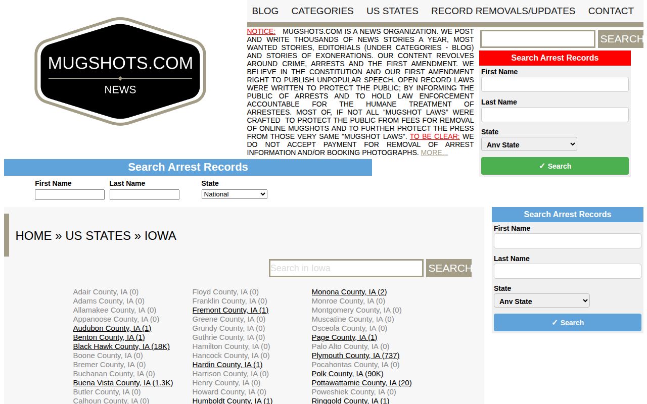 Unofficial Mugshots.com Iowa index showing an empty Allamakee County category