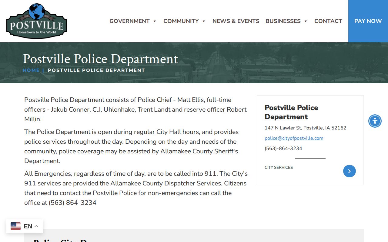 Postville Police contact page for Postville arrest records